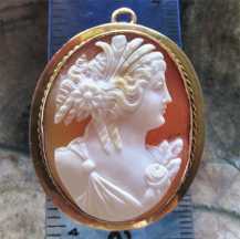 Edwardian (circa 1910th) carved shell - Ceres Goddess. Tested as 10K(+) Yellow Gold classic Brooch/Pendant.