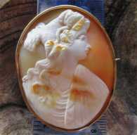 Bacchante - Hand carved multicolored Shell circa 1890th - 1910th. Unmarked/tested 10K+ Yellow Gold C-clasp Victorian Brooch .