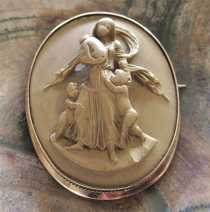 Antique High Relief Mother with kids - circa 1840 - 1880 Grand Tour Lava in tested 14K+ Yellow Gold Brooch.
