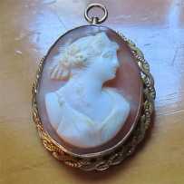 Hand carved/signed shell profile classic circa 1910-1930 from UK. Unmarked/Tested 10+Gold Antique Pendant/Brooch.