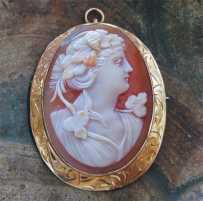 Well carved/signed shell circa 1920th - 1930th Bacchante Hallmarked 10K Gold Antique etched Pendant/Brooch.