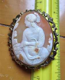 Museum Quality carved/signed shell - Girl with a basket in forest Unmarked/tested 9+Big Yellow Gold Brooch circa 1860.