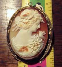 Circa 1920th - 1930th carved shell - Psyche Goddess of Soul. Hallmarked 14K Yellow Gold etched Brooch/Pendant.