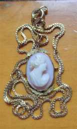 Edwardian 10K unmarked/tested Gold necklace/Gold(?) chain Carved/Signed Coral Psyche Goddess circa 1900-1910
