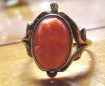 Ring Size 6.75 Filigree 18K Yellow Gold (marked 18/10K) Carved Pale Red Coral Art Nouveau Psyche circa 1890