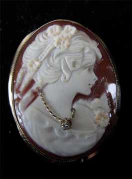 Italian Carved Beauty Cameo with Diamond 14K Gold Frame Pendant & Brooch