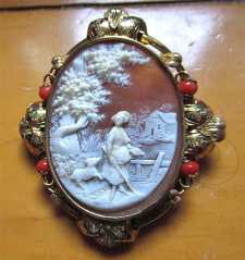 Museum Quality carving shell - Pastoral scene circa 1880th. Huge 14K Yellow Gold with Red Coral Brooch/Pendant.