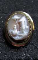 Hand carved Antique Classic - woman at the tree/town landscape. Unmarked/Tested by jeweler 14K+ Yellow Gold brooch circa 1870.