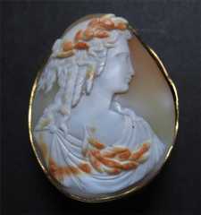 Museum carved/signed multicolored shell circa 1820th Goddess. Set in tested by jeweler Old English 9 or 8 CT Gold Big Brooch.