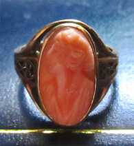 Ring Size 6.5 Filigree 10K Yellow Gold( (unmarked) circa 1910 Best carved Art Nouveau Salmon Red Coral - Diana Goddess(?).