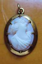 Hand carved Victorian Psyche circa 1890th Coral stone. Unmarked/tested 10K+ Yellow Gold Pendant.