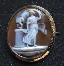 Antique Victorian Sardonyx shell circa 1840 - image of Hebe & Eagle Embedded in 14K Yellow Gold brooch. Signed by the Artist