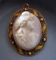 The Best Quality carved/signed Coral Stone - Soul Goddess Psyche Victorian/Edwardian 10K Yellow Gold Filigree Brooch/Pendant