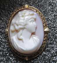 The Best Quality carved Coral Stone - Bacchante Priestess circa 1910 Victorian/Edwardian 10K Yellow Gold Filigree Brooch/Pendant