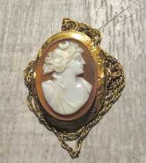 Edwardian Goddess of Moon Luna - Hand carved shell from 1910th Marked/tested 10K Yellow Gold pendant/brooch with chain.