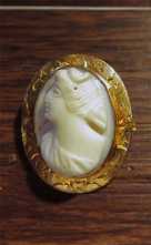 Hand carved Victorian Classic circa 1890th Coral stone. Hallmarked/tested 10K+ Yellow Gold Brooch.