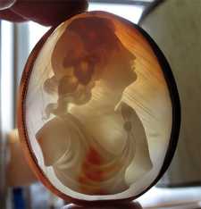 Multicolored Museum Quality hand carved shell - Bacchante Tested 14K+ Yellow Gold Victorian Huge brooch circa 1890.