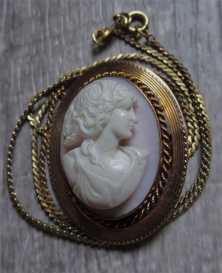 Edwardian Goddess Psyche - Deep hand carved Coral from 1910th Marked/tested 10K Yellow Gold brooch with 17" GF chain.