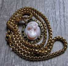 Edwardian Goddess Diana - Deep hand carved Coral from 1910th Unmarked/tested 8-9(K) Yellow Gold brooch with 18" GF chain.