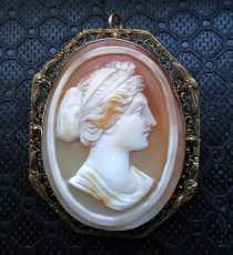 Museum Quality carved Edwardian shell circa 1905 - 1925 10K Yellows/Red Gold Design filigree Brooch/Pendant.