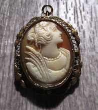 The Best Quality carved/signed Shell - Fertility Goddess Ceres Edwardian 10K Yellow Gold Filigree Brooch/Pendant circa 1910