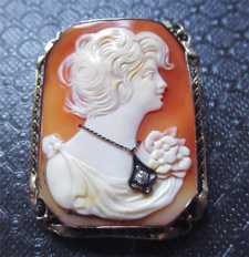 Hand carved/signed shell with diamond necklace Circa 1925 Art Deco filigree 10+ K White Gold Brooch/Pendant.