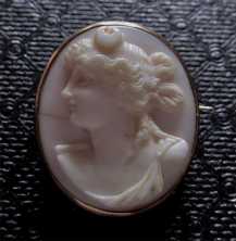 Quality hand carved Coral Stone - Diana Goddess of Youth circa 1910 Victorian/Edwardian tested 14K by my jeweler Yellow Gold Brooch.