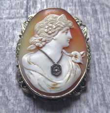 Hand carved/signed shell signed diamond necklace Circa 1925 Big filigree hallmarked 14K White Gold Brooch/Pendant.