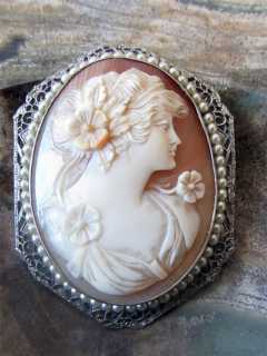 Estate 10K marked White Gold Art Deco circa 1925 Museum Quality Filigree Cameo Brooch/Pendant