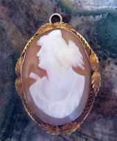 Victorian Brooch/Pendant. Psyche - Roman Goddess of Soul Carnelian Shell from 1890th. Marked 10K Yellow Gold clasp