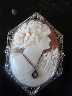 Art Deco Carved Carnelian Shell with Diamond circa 1935 14K Marked White Gold Frame Cameo Pin /Pendant