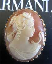 Edwardian Carnelian Shell Cameo with Diana Goddess image Marked 14K Yellow Gold Brooch/Pendant. Signed by Artist