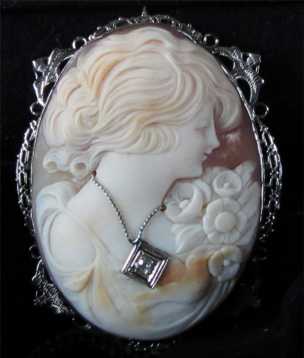Solid 14k White Gold, Carved Cameo, Best Quality w/Diamond, Filigree Style , Late Art Deco Style