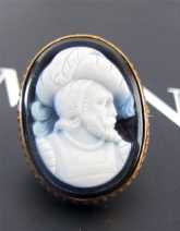 Estate 14K (or more) Yellow Gold Spanish Grand portrait Cameo Brooch Black Hard stone Agate Circa 1910