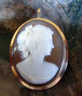 Italian fine Carnelian Shell Beauty Cameo Brooch/Pendant Marked 14K Yellow Gold
