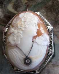 Estate 14K marked White Gold Art Deco circa 1930. Signed by Sculptor Filigree Bezel Brooch/Pendant Cameo with Diamond