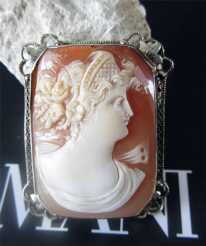14K marked White Gold Art Deco circa 1925. Museum Quality Filigree Bezel Brooch/Pendant Cameo with Diamond