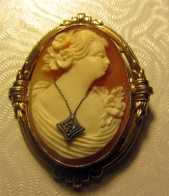 10K Yellow Gold( (marked) Pendent (easy convert to Brooch) Carved Carnelian Shell with Diamond. Circa 1930