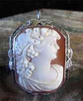 Art Deco Deep Relief Carnelian Shell, Octagonal shape of Bacchantes image Marked 14K White Gold Filigree Bezel