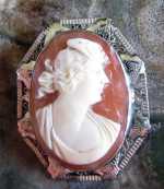 Art Deco, Dark Carnelian Shell, Marked 14K White Filigree Gold Bezel