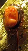 Antique 10K Yellow (tested) Gold Red Coral carved shell cameo stick pin