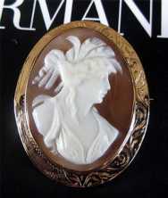 Late Victorian Brooch/Pendant. Carnelian shell carving Circa 1890. Unmarked/tested 10K Yellow Gold