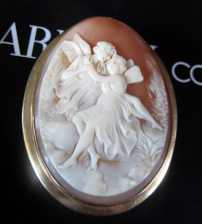 Marked 14K Yellow Gold Carved Shell Cameo Brooch/Pendant. From Greek mythology Cupid and Psyche. Circa 1930