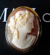 Late Victorian Brooch. Carnelian shell carving Circa 1890. Marked/tested 10K Yellow Gold