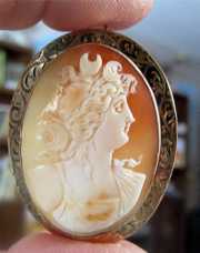 Nicely carved Victorian 10K marked Yellow Gold. Circa 1890 Diana Huntress Classic Cameo Pendant (easily turn to Pendant /Brooch)