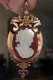 Remarkable Red Agate Beauty Cameo with the Pearl Filigree Pendant unmarked 14K Red Gold circa 1875.