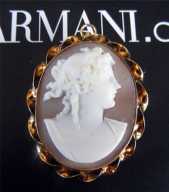 Late Victorian Brooch/Pendant. Sardonyx shell carving Circa 1880. Marked/tested 14K Yellow Gold