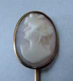 Nice Coral carved cameo stick pin Circa 1910 Antique Marked 10K Rose Gold