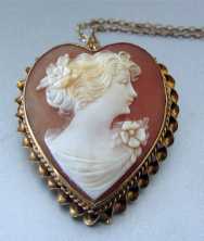 Vintage Edwardian Carnelian Shell Cameo Museum Quality Brooch heart shape 10K(marked) Gold Bezel with 925 chain