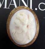 Angel Skin Coral portrait of Diane Goddess Marked 10K Yellow Gold etched bezel Cameo Brooch/Pendant. Circa 1915